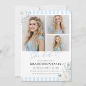 Blue Stripes Floral Graduation Invitation Einladung (Vorderseite)
