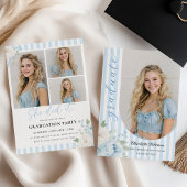 Blue Stripes Floral Graduation Invitation Einladung