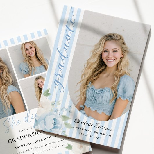 Blue Stripes Floral Graduation Invitation Einladung