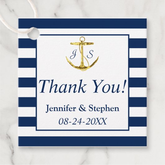 Blue Stripes Gold Anchor Classic Wedding Geschenkanhänger (Vorderseite)