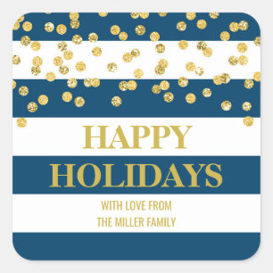 Blue Stripes Gold Confetti Happy Holidays Custom Quadratischer Aufkleber