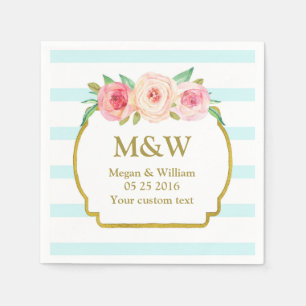 Blue Stripes Gold Pink Floral Wedding Napkins Serviette