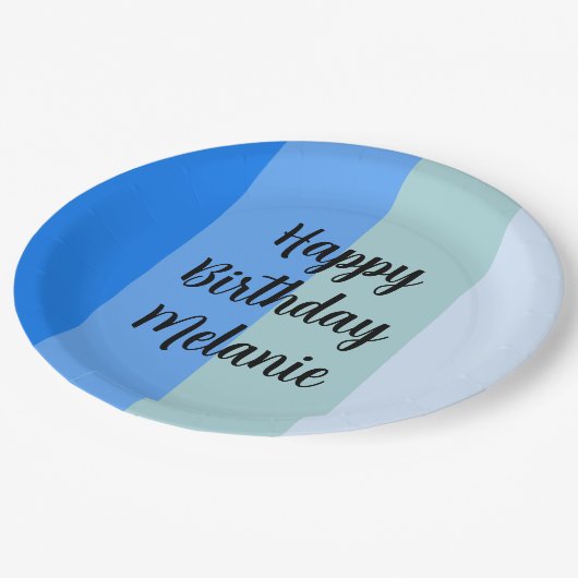 Blue Stripes Happy Birthday Pappteller (Schrägansicht)