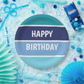 Blue Stripes Happy Birthday Pappteller (Party)
