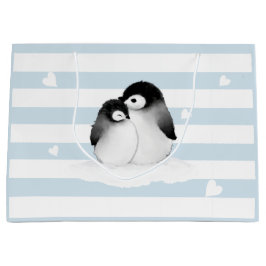 Blue Stripes Heart Grau Pinguine Geschenktasche Große Geschenktüte