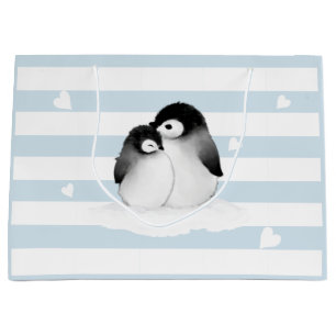 Blue Stripes Heart Grau Pinguine Geschenktasche Große Geschenktüte