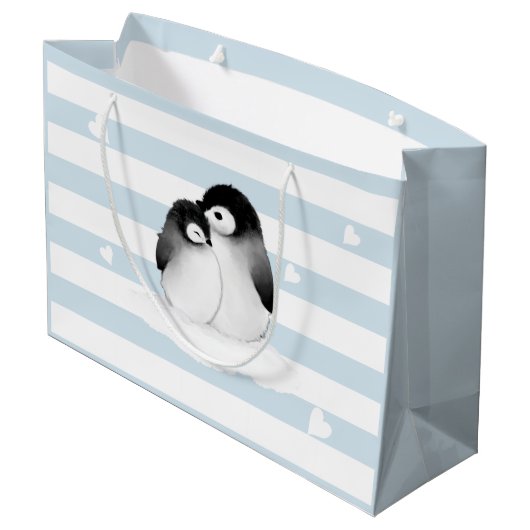 Blue Stripes Heart Grau Pinguine Geschenktasche Große Geschenktüte (Rückseite Schrägansicht)