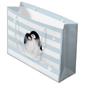Blue Stripes Heart Grau Pinguine Geschenktasche Große Geschenktüte (Vorderseite Schrägansicht)