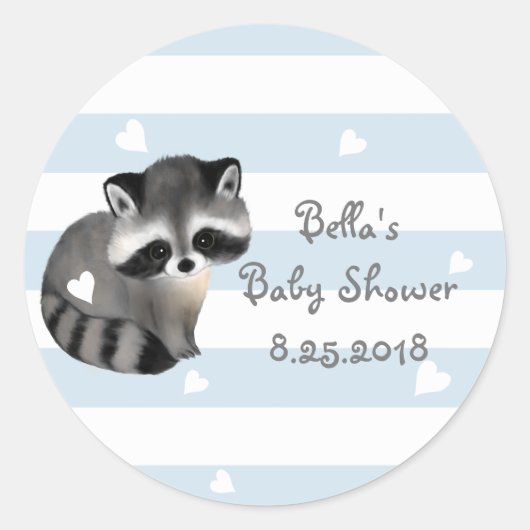 Blue Stripes Heart Raccoon Baby Shower Stickers (Vorderseite)
