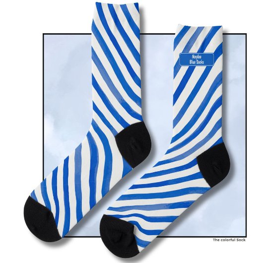 Blue Stripes on White and Text Socken
