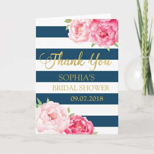 Blue Stripes Pink Floral Brautparty Vielen Dank Dankeskarte (Vorderseite)