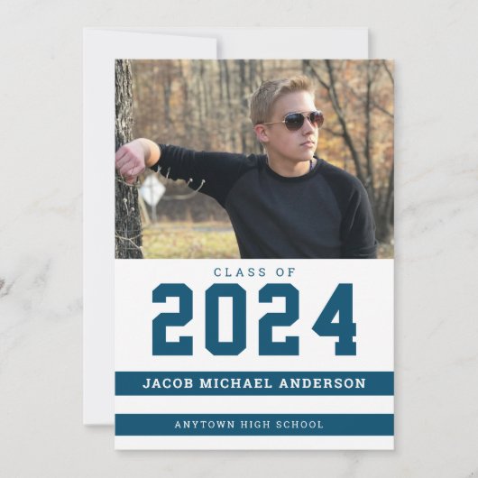 Blue Stripes Sporty Foto Graduation Party Einladung (Vorderseite)