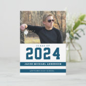 Blue Stripes Sporty Foto Graduation Party Einladung (Stehend Vorderseite)