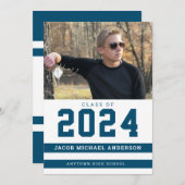 Blue Stripes Sporty Foto Graduation Party Einladung (Vorne/Hinten)