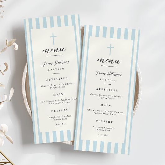 Blue Stripes Taufen Flat Menu Menükarte