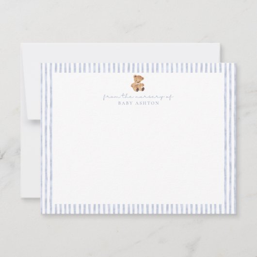 Blue Stripes Teddy Bear Nursery Note Card Einladung (Vorderseite)