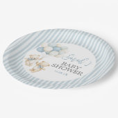 Blue Stripes Twins Bears Baby Shower Pappteller (Schrägansicht)