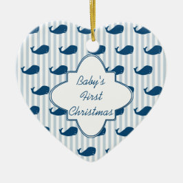Blue Stripes und Whales Baby's First Christmas Cer Keramik Ornament