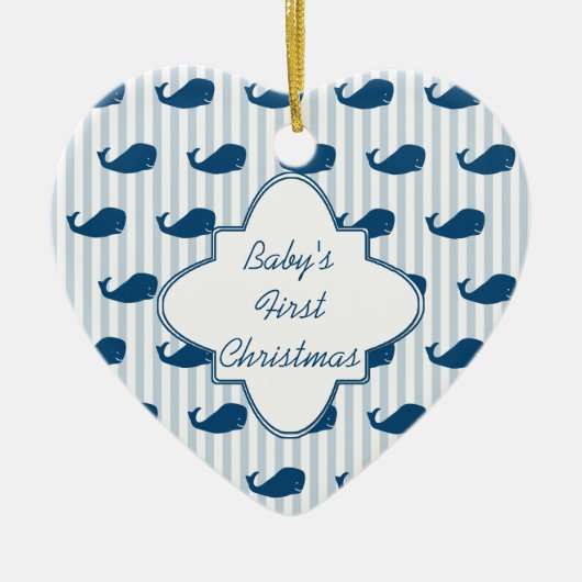 Blue Stripes und Whales Baby's First Christmas Cer Keramik Ornament (Vorne)