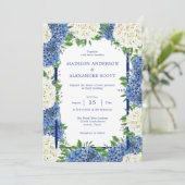 Blue Stripes White Hydrangeas Einladung Hochzeit (Stehend Vorderseite)