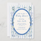 Blue Striping Garden Watercolor Wreath Babydusche Einladung (Vorderseite)