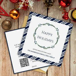 Blue Strips Wreath Corporate Logo QR Code Urlaub Feiertagskarte