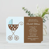 Blue Stroller Junge Baby Shower Einladung (Stehend Vorderseite)