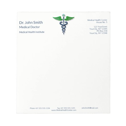 Blue Stylish Medical Caduceus Green Wings Cross Notizblock (Vorderseite)