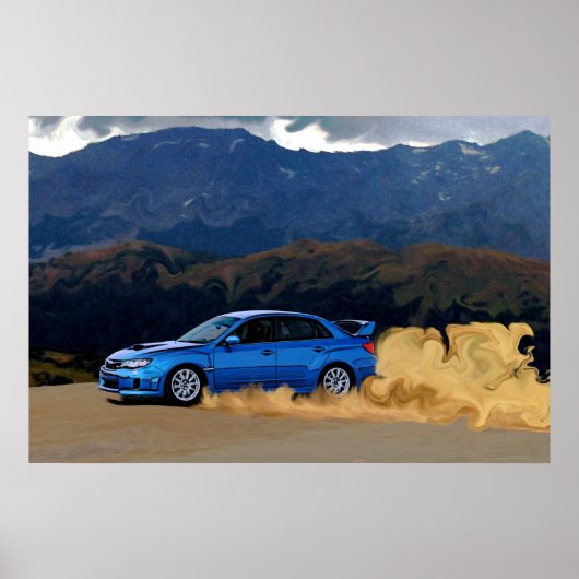 Blue Subaru STi Driving in the Mountains Poster (Vorne)