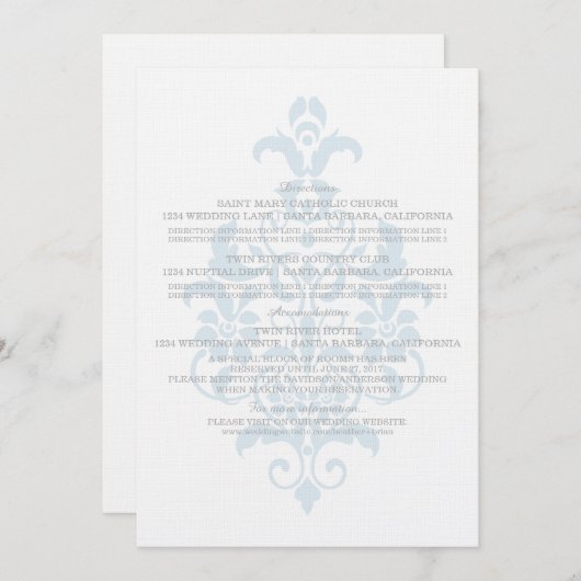 Blue Subtile Damask Information Card Einladung (Vorne/Hinten)