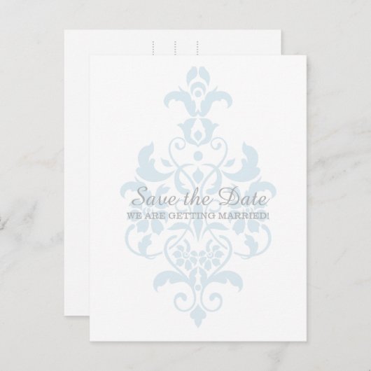 Blue Subtile Damask Save the Date Postkarte (Vorne/Hinten)