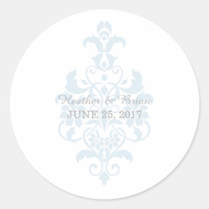 Blue Subtle Damask Hochzeitskleber Runder Aufkleber