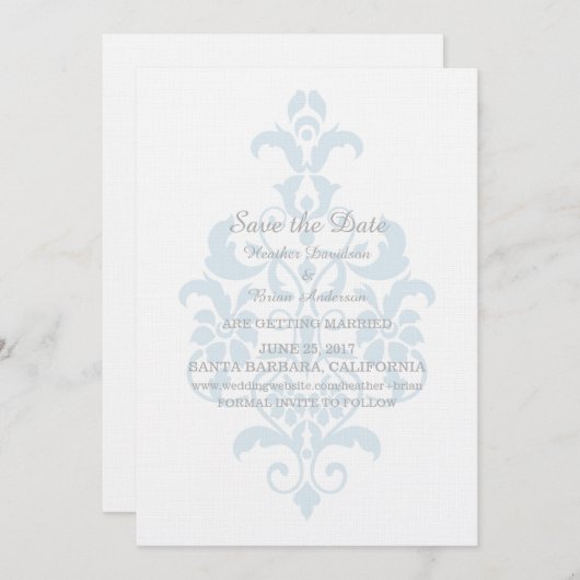 Blue Subtle Damask Save the Date einladen Einladung (Vorne/Hinten)