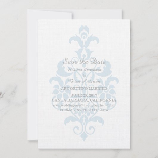 Blue Subtle Damask Save the Date einladen Einladung (Vorderseite)