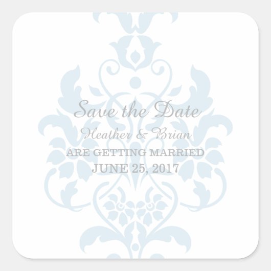 Blue Subtle Damask Save the Date Stickers (Vorderseite)