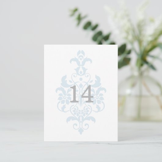 Blue Subtle Damask Tischnummer Postkarte (Stehend Vorderseite)