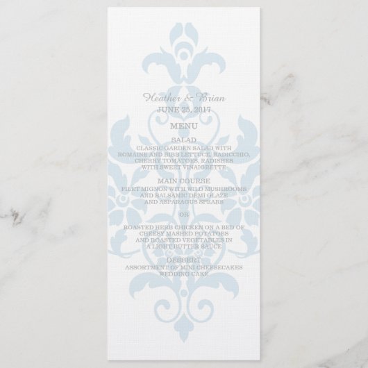 Blue Subtle Damask Wedding Menu Menükarte (Vorderseite)