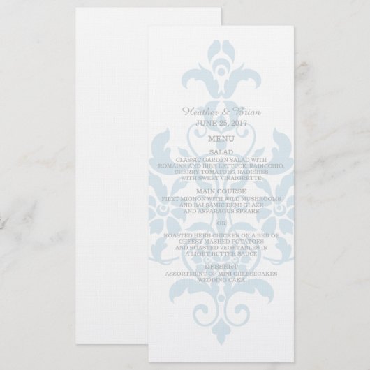 Blue Subtle Damask Wedding Menu Menükarte (Vorne/Hinten)