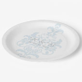 Blue Subtle Damask Wedding Paper Teller (Schrägansicht)