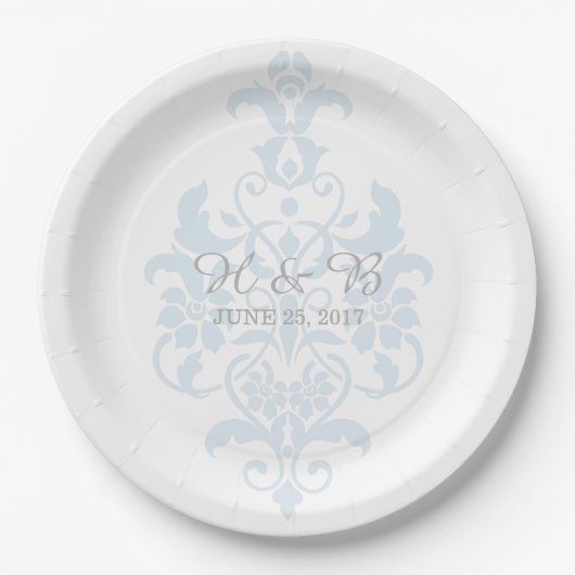 Blue Subtle Damask Wedding Paper Teller (Vorderseite)