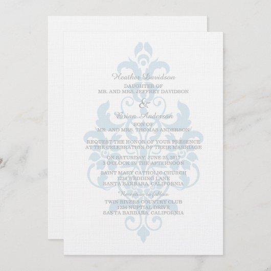 Blue Subtle Damask Wedite Invite Einladung (Vorne/Hinten)