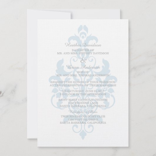 Blue Subtle Damask Wedite Invite Einladung (Vorderseite)
