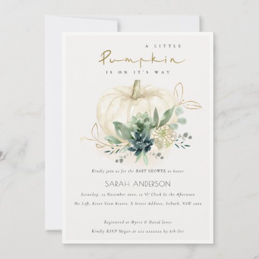 Blue Succulent Kleine Pumpkin Baby Dusche laden ei Dankeskarte (Vorderseite)