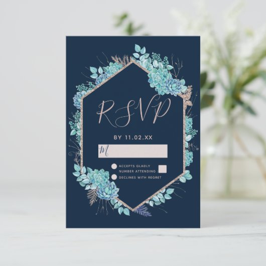 Blue Succules & Rose Gold Wedding RSVP (Stehend Vorderseite)