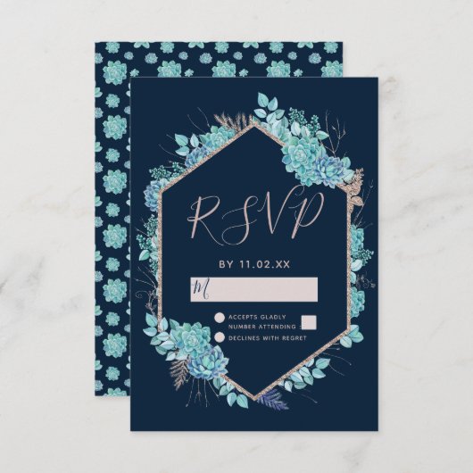 Blue Succules & Rose Gold Wedding RSVP (Vorne/Hinten)