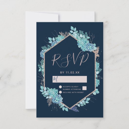 Blue Succules & Rose Gold Wedding RSVP Karte (Vorderseite)