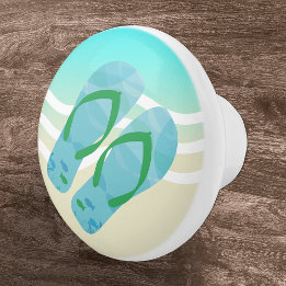 Blue Summer Beach Waves Flip Flops Door Knob Keramikknauf