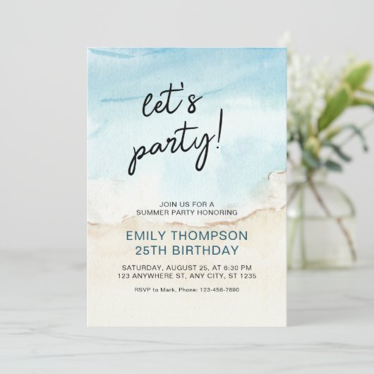 Blue Summer Ocean Let's Party Birthday Einladung (Stehend Vorderseite)