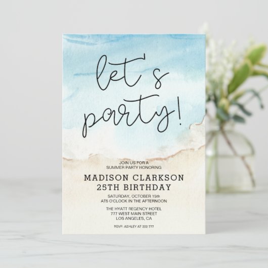 Blue Summer Ocean Let's Party Birthday Einladung (Stehend Vorderseite)