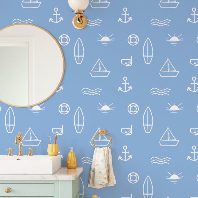 Blue Summer Ocean Line Art Tapete (In situ)